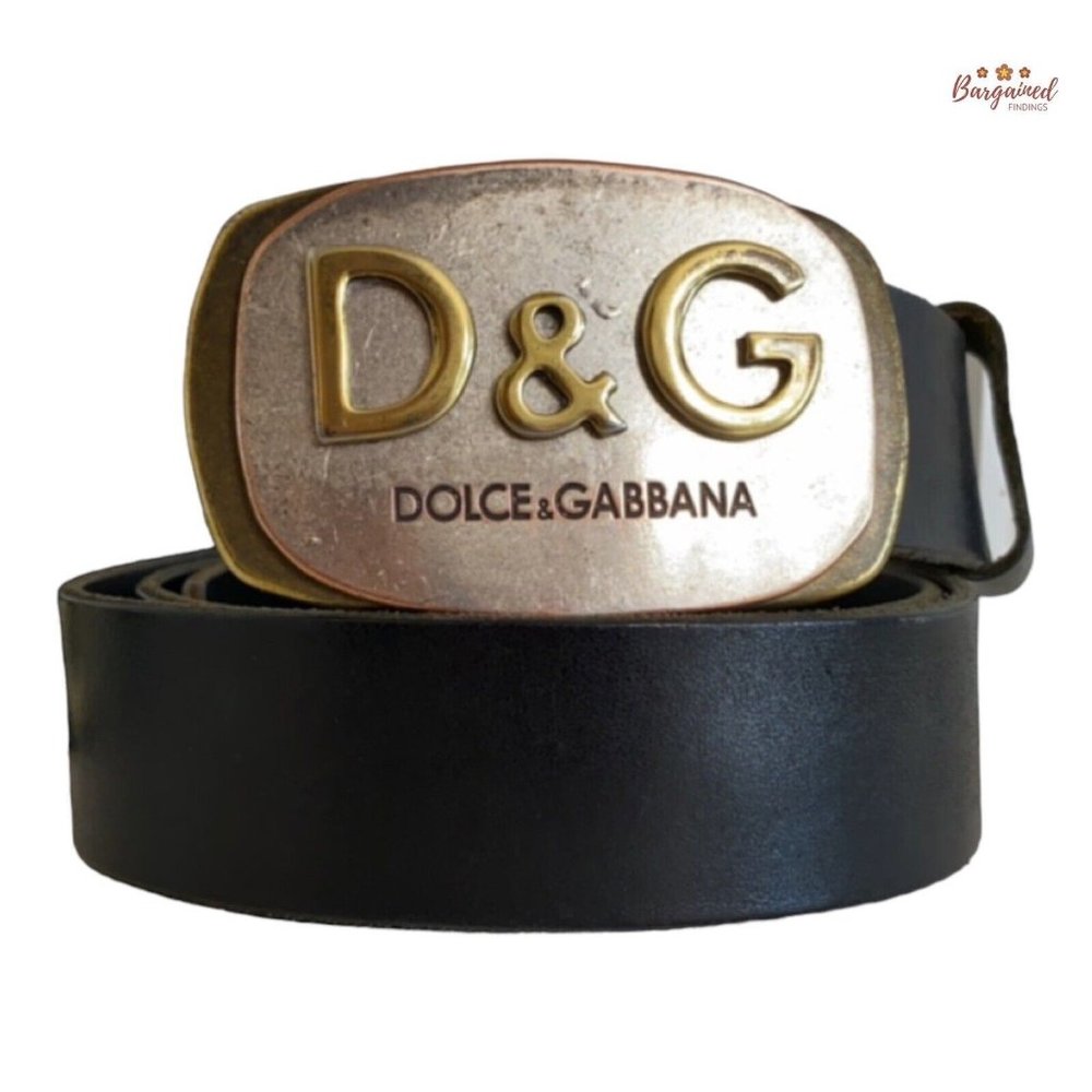 Authentic Dolce & Gabbana Black Leather Gold/Silver D&G Logo Buckle Belt 105/42